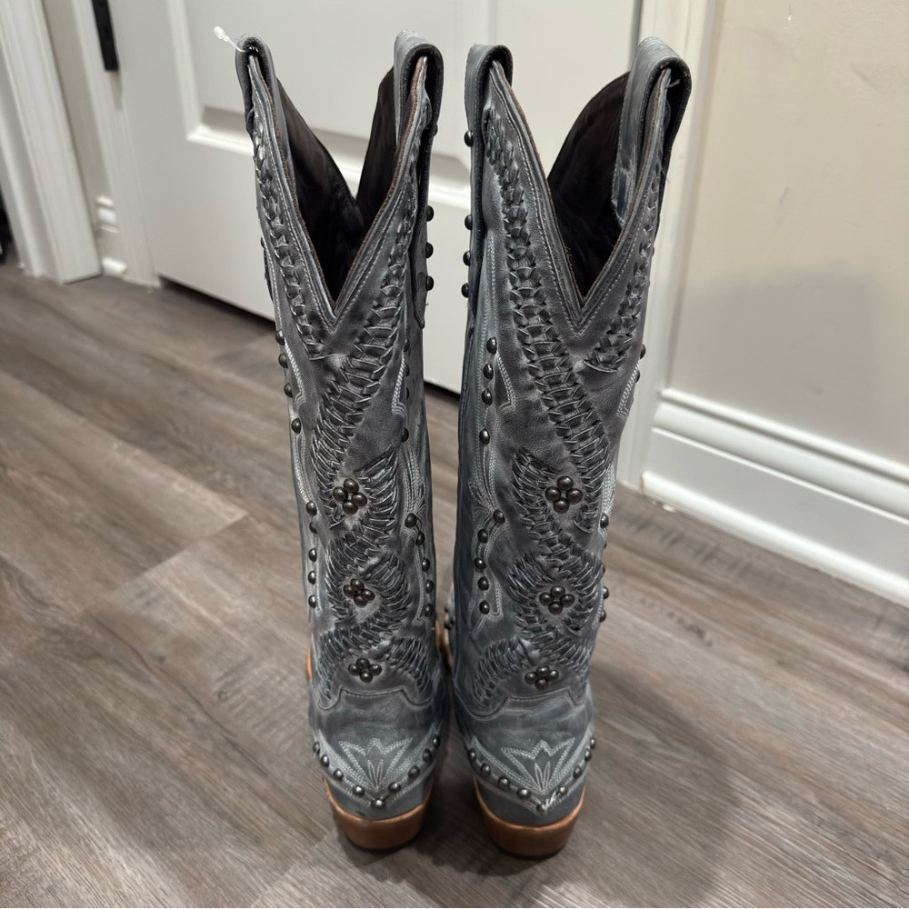 Lane Cosette Braided Stud Western Cowboy Leather Boots in Washed Denim - Picture 9 of 14